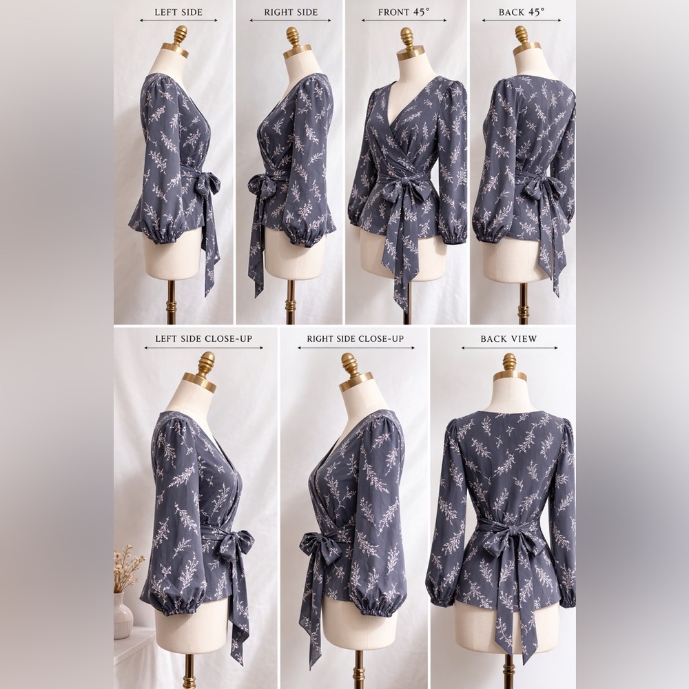 LOFT Floral Wrap Blouse Gray Pink Tie Waist Long Sleeve Size L NWT - Picture 3 of 10